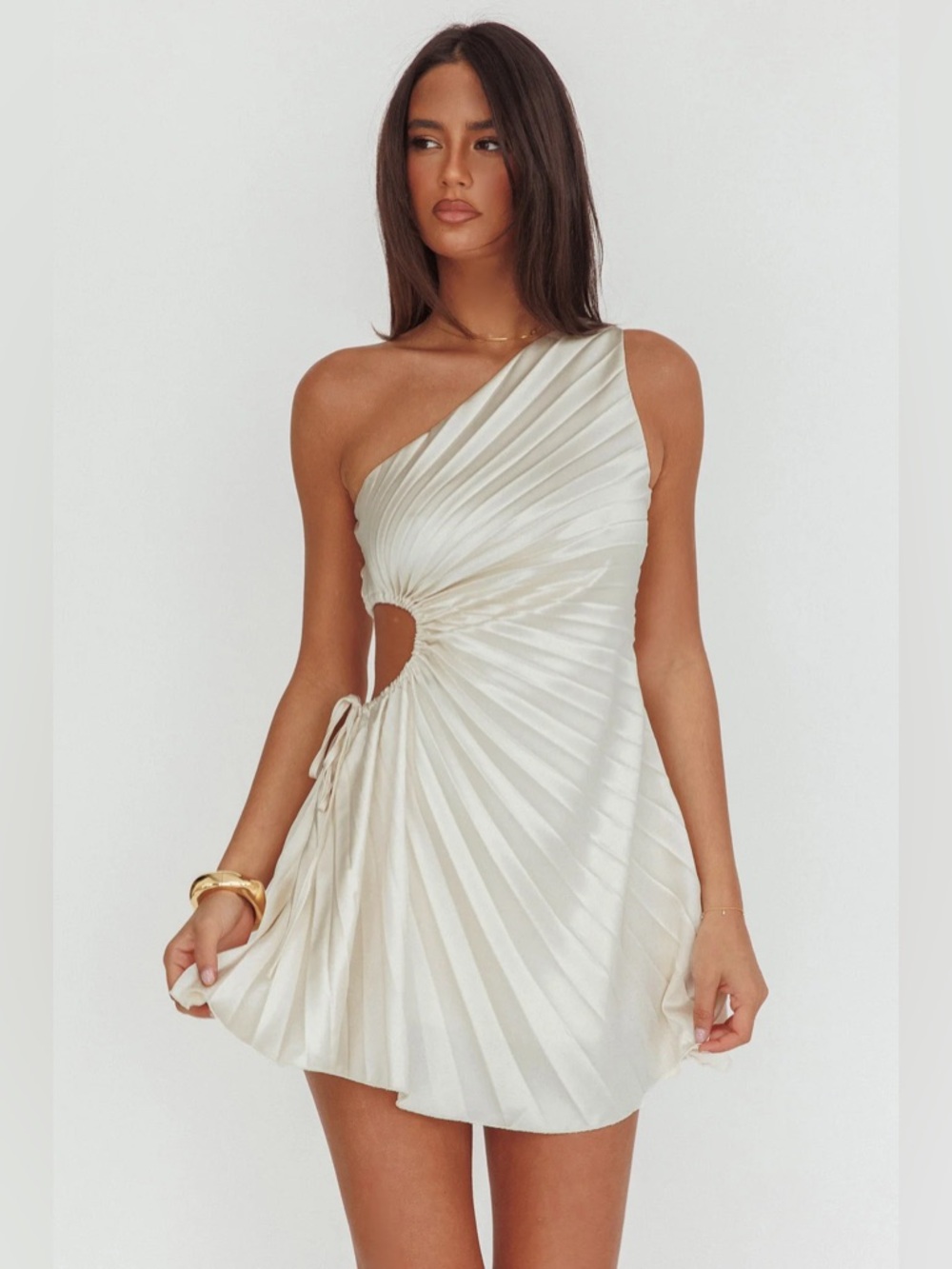 SELFIE LESLIE Glow Ray One-Shoulder Pleat Mini Dress Champagne Asymmetric NWT Sz